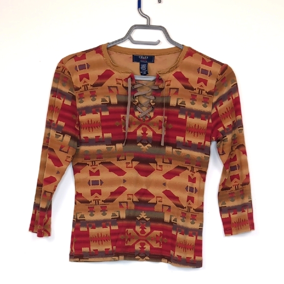 Chaps Tops - Vintage Chaps Women's Small Petite‎ Tan Red Retro Pattern 3/4 Length Tee Shirt